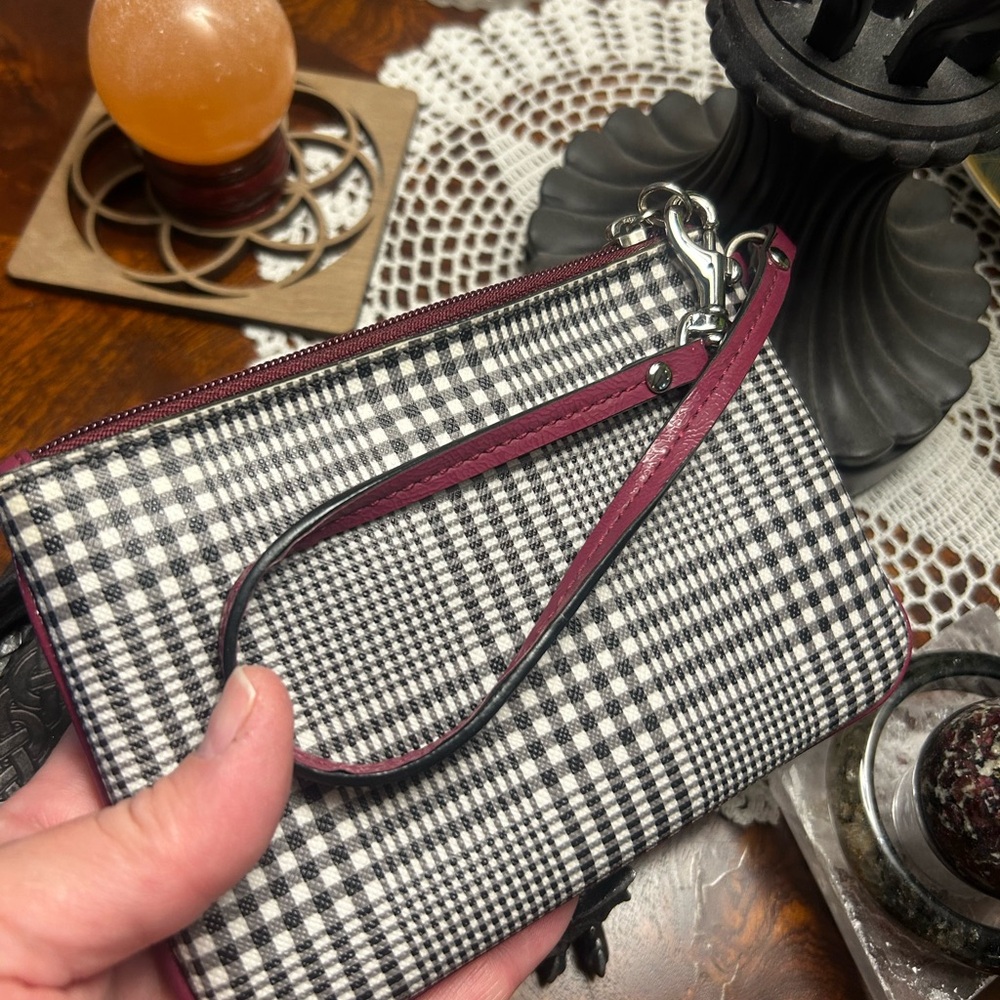 Coach Black White Burgundy Red Plaid Pouch Wristlet - Picture 3 of 6
